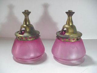 Antique Victorian Pink Etched Oil Lamp Shades Wreath & Torch W Brackets.