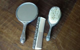 Vintage Mirror Brush Comb Set Antique Rare Silver Silver Plated Puter