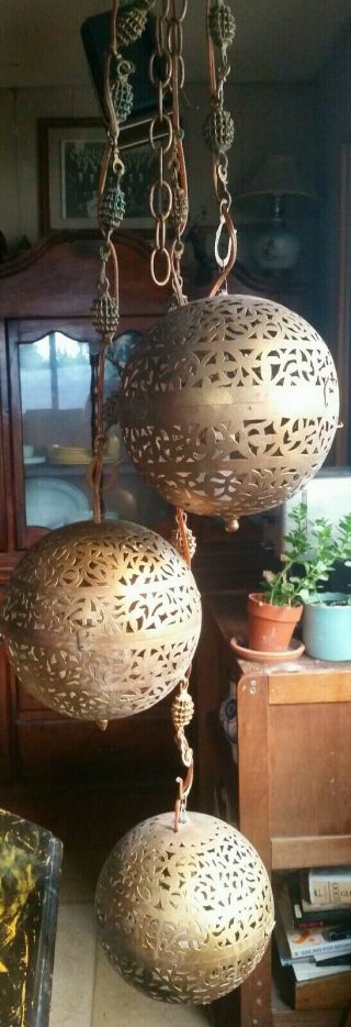 True Vintage Moroccan Pierced Brass Copper Swag Chandiler Lamps