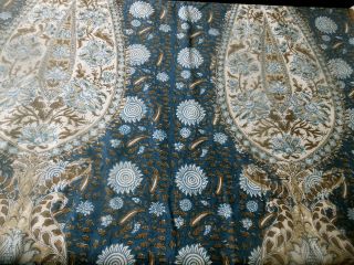 Vintage French Indienne Paisley Bird Batik Furnishings Fabric Indigo Blue Brown