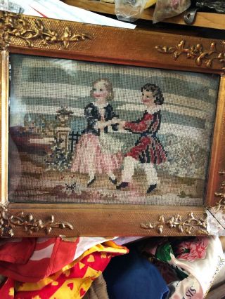 Antique Victorian Needlepoint Gold Gilt Framed 1860s Boy And Girl Charming 12”x8