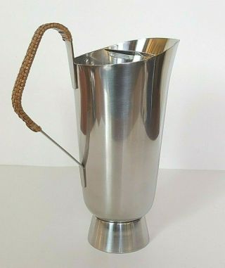 Gense Mid Century Sweden Stainless Water Pitcher W Ice Guard & Rattan Handle