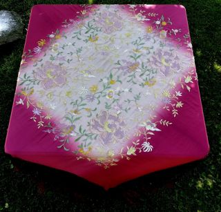 Antique Silk Embroidered Piano Shawl,  Hand Knotted 18 " Fringe 52 X 48 Floral