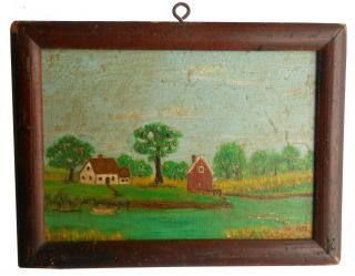 Aafa Miniature Antique Folk Art Naive Country Primitive Painting Landscape