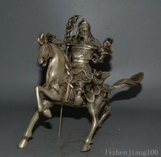 Collectable China Tibet Silver Hand Carve Figure Guan Yu Precious Vivid Statue 2