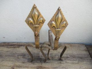 Vintage Brass Andirons Firedogs French Fleur Di Lis Design Antique Fireside Old