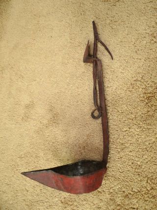 Early Antique Wrought Iron Red Betty Whale Oil Lamp W.  Hanging Hook