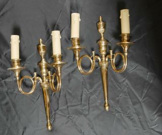 Pair Large Vintage French Heavy Solid Brass Trumpet Wall Sconces
