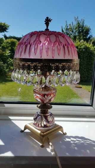 Vintage French Crystal Pink Boudoir Bedroom Lamp Cherub Brass