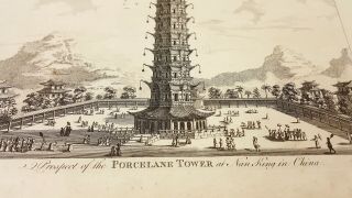 18th century Engraving for Moore ' s Voyages & Travels.  Porcelain Tower in China. 2