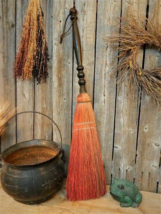 Aafa Antique Primitive Wood Red Hearth Fireplace Witch Broom