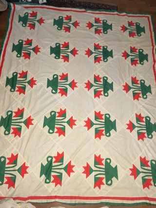 Large Vintage North Carolina Lily Quilt Top 97 " X 78 " Red,  Green,  White Aafa