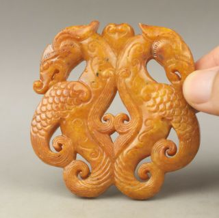 Old Chinese Natural Jade Hand - Carved Double Dragon Pendant