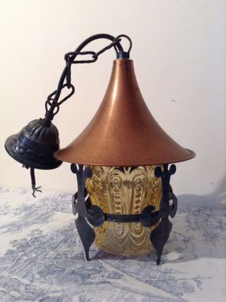 Vintage French Gothic Lantern Ceiling Light With Copper Metal Hood (2995)
