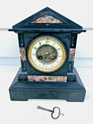 1890’s French Black Slate And Marble Mantle Clock 8d ½ Strike On A Bell