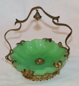 Gorgeous Antique 19th Century Green Opaline And Gilt Metal Basket