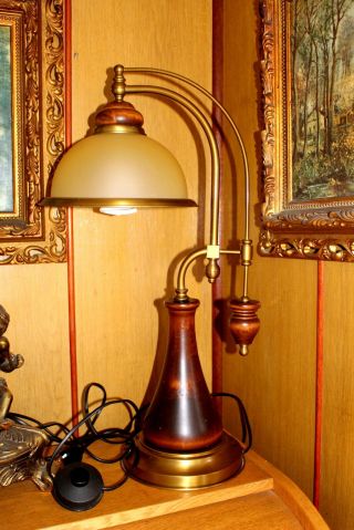 Large Antique French Vintage Solid Oak Wood Table Lamp Light With Shade