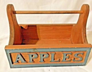 Primitive Vintage Wooden Tool Tote Caddy Carrier Tray Branch Handle Apples