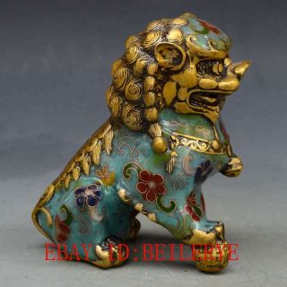 A Piar Chinese Antique Brass Handwork Cloisonne lion Statue L31 7