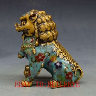 A Piar Chinese Antique Brass Handwork Cloisonne lion Statue L31 8