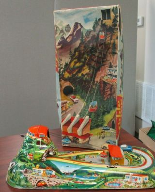 Vintage Marke Technofix Tin Litho Wind Up Cable Car 303 & Box