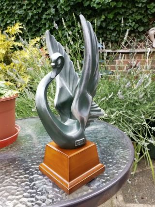 Art Deco " Style " Green Swan,  Animal Ornament,  On Wooden Plinth.