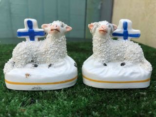 Pair: Mid 19thc Staffordshire Porcellaneous Sheep With Crosses C1850s