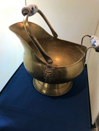 Vintage Brass/copper Coal Bucket Scuttle W/deft Ceramic Handles