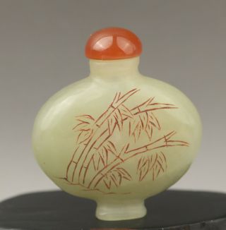 Chinese Natural Hetian Jade Hand - Carved Jade Bamboo Carving Snuff Bottle