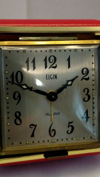 Vintage Elgin Travel Alarm Clock Wind Up Time Clam Shell Case Red Glow In Dark