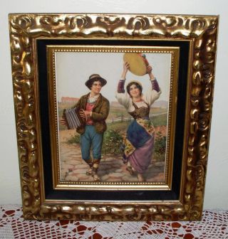 Antique Framed Vincenzo Basevolana Style Tambourine Girl And Boy With Accordion