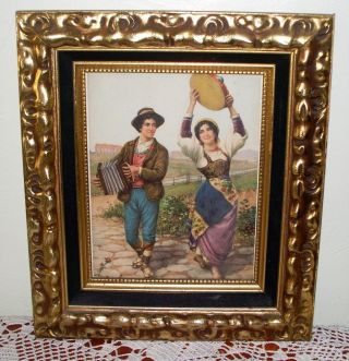 Antique Framed Vincenzo Basevolana style Tambourine Girl and Boy with Accordion 2