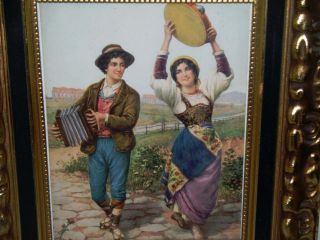 Antique Framed Vincenzo Basevolana style Tambourine Girl and Boy with Accordion 3