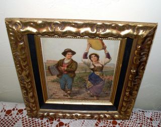 Antique Framed Vincenzo Basevolana style Tambourine Girl and Boy with Accordion 4