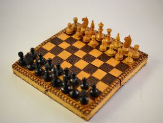 Vintage Hand Made Pyrographed Wood Chess Set Pocket Size