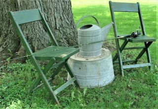 Vintage Folding Wood Fishing Camp Chairs Old Green Paint Country Charm