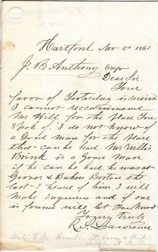 1861,  Richard S.  Lawrence,  Famed Gun Maker,  Letter Signed,  Providence Tool Co.