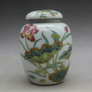 Chinese Old Hand - Carved Porcelain Famille Rose Lotus Tea Caddy B02