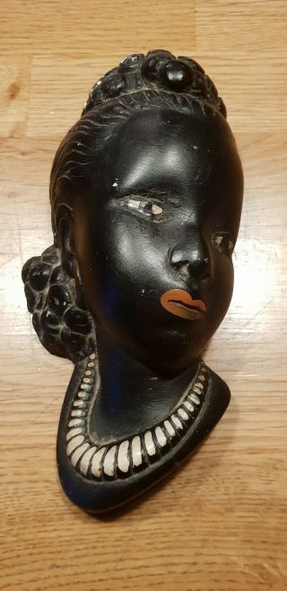 Rare Vintage Art Deco Satin Nubian Blackamoor Chalkware Face Mask Wall Plaque