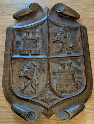 Antique Heraldic Plaque Carved Wood Treenware Lions & Castles Armorial