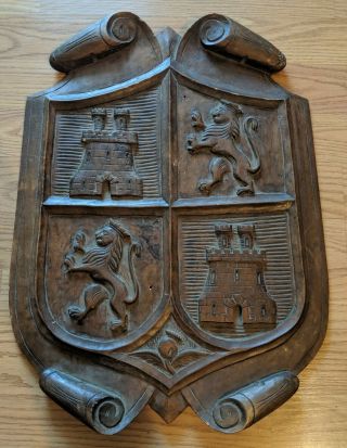 Antique Heraldic Plaque Carved Wood Treenware Lions & Castles Armorial 2