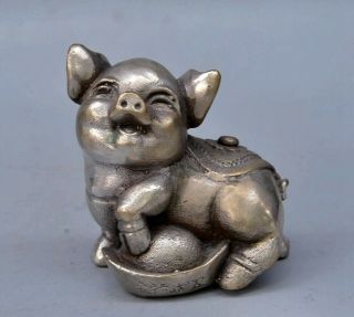 Collect China Old Tibet Silver Hand - Carved Lovely Pig & Ingot Moral Lucky Statue