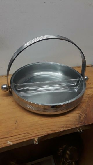 Art Deco Chrome Divided Candy Dish With Handle And Glass Insert Marked Chase
