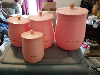 Vtg Plas Tek Pink Canister Spice Container 4 Piece Set Exc Cond No Cracks