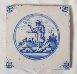 Stunning Delft Figurative Shepard Sheep Tile Probably 18th C,  Approx 12.  5 Cm