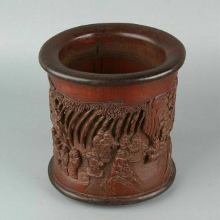 Chinese Exquisite Hand Carved Landscape People Carving Bamboo Brush Pot