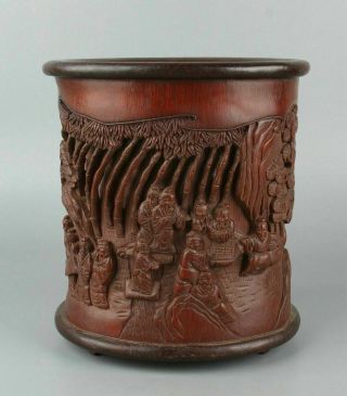 Chinese Exquisite Hand carved landscape people Carving bamboo Brush pot 2