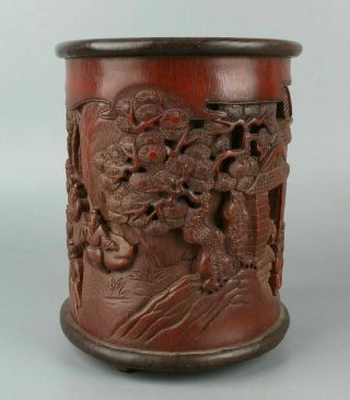 Chinese Exquisite Hand carved landscape people Carving bamboo Brush pot 3