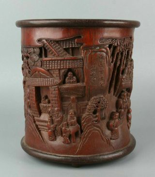 Chinese Exquisite Hand carved landscape people Carving bamboo Brush pot 4