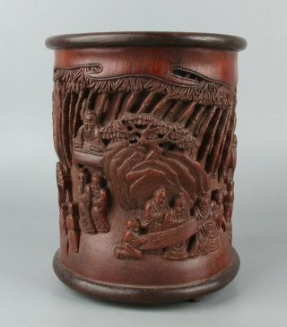 Chinese Exquisite Hand carved landscape people Carving bamboo Brush pot 5